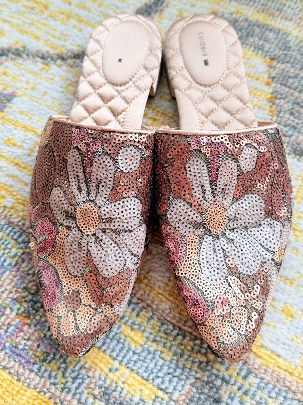 Birdies The Dove Pink Gold Petal Sequin Slip On Mules sz 8